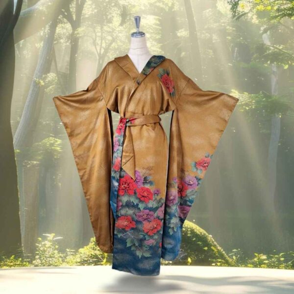 Golden Flower Long-sleeved Kimono Gown