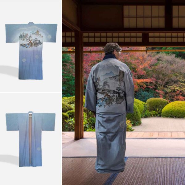 Men’s Long Gown Hand-painted Tie-dye “Japanese mountains and water Landscape Painting” - Image 3