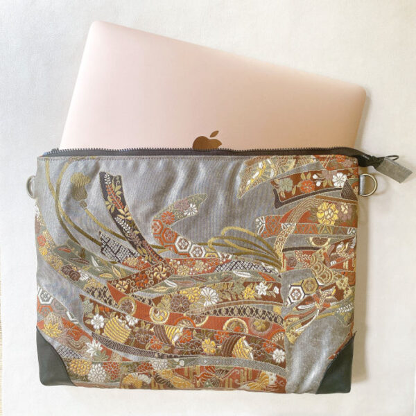 Silk Fukuro Obi Laptop Bag 13 inch, Gray with Noshi Ribbon Motif, Japanese Kimono Fabric, Black Leather Corners