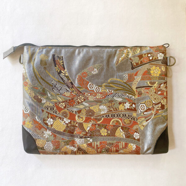 Silk Fukuro Obi Laptop Bag 13 inch, Gray with Noshi Ribbon Motif, Japanese Kimono Fabric, Black Leather Corners - Image 2