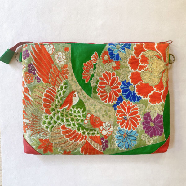 Silk Kimono Laptop Bag 13 inch, Green with Phoenix and Floral Embroidery, Japanese Vintage Obi Fabric, Red Leather Corners - Image 2