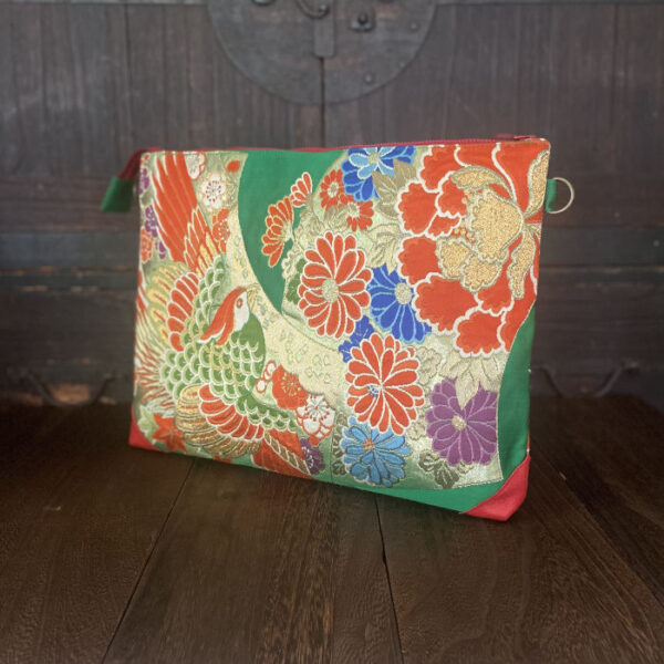 Silk Kimono Laptop Bag 13 inch, Green with Phoenix and Floral Embroidery, Japanese Vintage Obi Fabric, Red Leather Corners - Image 4