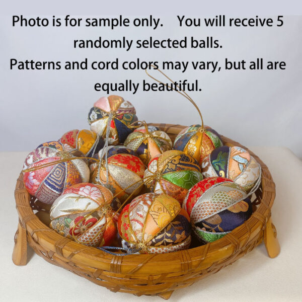Set of Small 5 Brocade Hanging Balls, 10cm (3.9 inch) Japanese Fabric Ornaments, Colorful Handmade Decoration, Christmas Tree Decor - Image 4