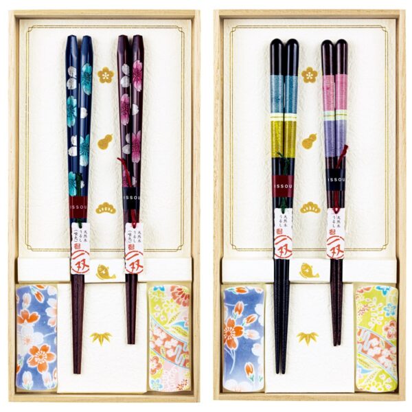 Hyakufuku Paulownia Box – Chopstick Set for Couples with Rests (Sakura-iro & Arima Design)