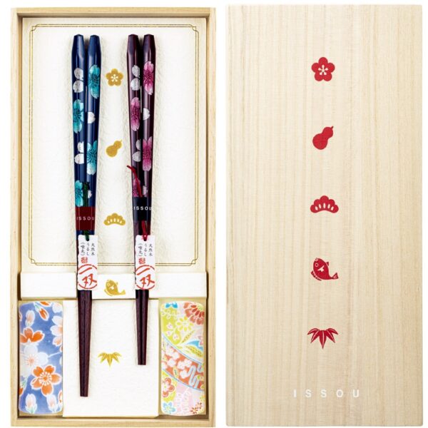 Hyakufuku Paulownia Box – Chopstick Set for Couples with Rests (Sakura-iro & Arima Design) - Image 2