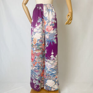 one of a kind kimono flare pants – vintage furisode silk with peony & bamboo garden motif