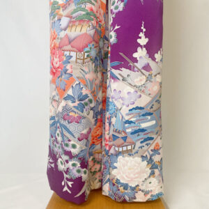 one of a kind kimono flare pants – vintage furisode silk with peony & bamboo garden motif