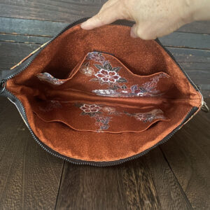 silk fukuro obi laptop bag 13 inch, gray with noshi ribbon motif, japanese kimono fabric, black leather corners