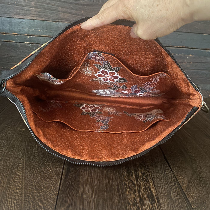 silk fukuro obi laptop bag 13 inch, gray with noshi ribbon motif, japanese kimono fabric, black leather corners