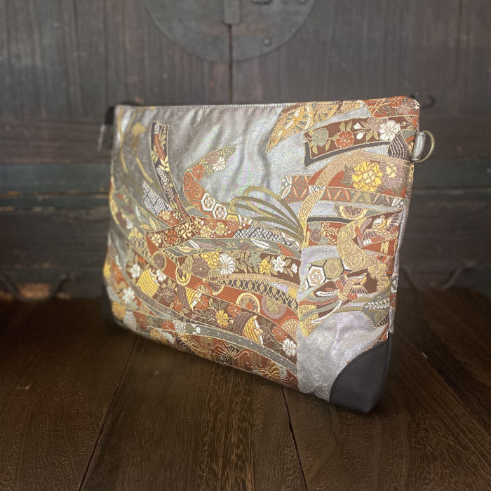 silk fukuro obi laptop bag 13 inch, gray with noshi ribbon motif, japanese kimono fabric, black leather corners