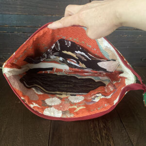 silk kimono laptop bag 13 inch, green with phoenix and floral embroidery, japanese vintage obi fabric, red leather corners