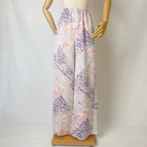 vintage kimono flare pants – furisode silk with peony, camellia & chrysanthemum bloom