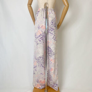 vintage kimono flare pants – furisode silk with peony, camellia & chrysanthemum bloom