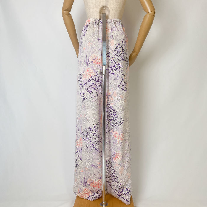 vintage kimono flare pants – furisode silk with peony, camellia & chrysanthemum bloom