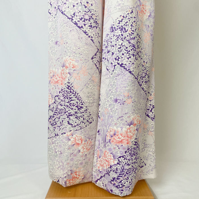 vintage kimono flare pants – furisode silk with peony, camellia & chrysanthemum bloom