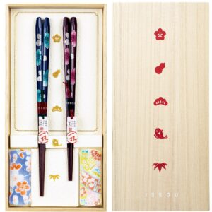 hyakufuku paulownia box – chopstick set for couples with rests (sakura iro & arima design)