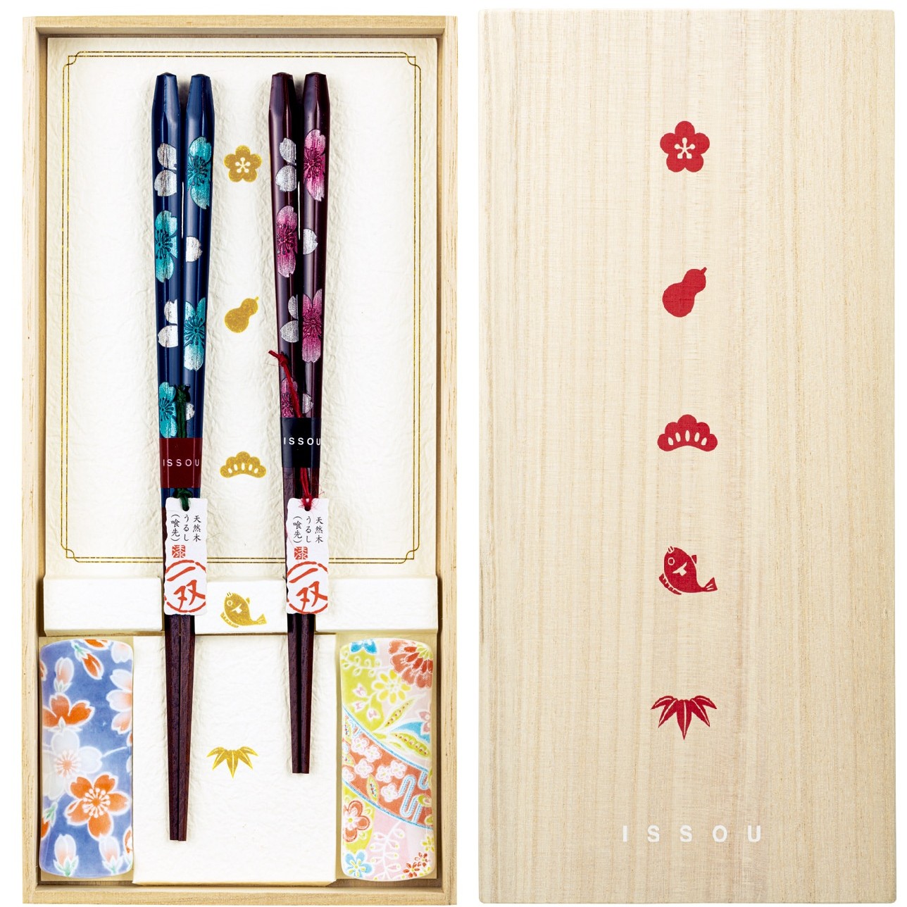hyakufuku paulownia box – chopstick set for couples with rests (sakura iro & arima design)