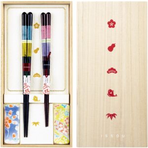 hyakufuku paulownia box – chopstick set for couples with rests (sakura iro & arima design)