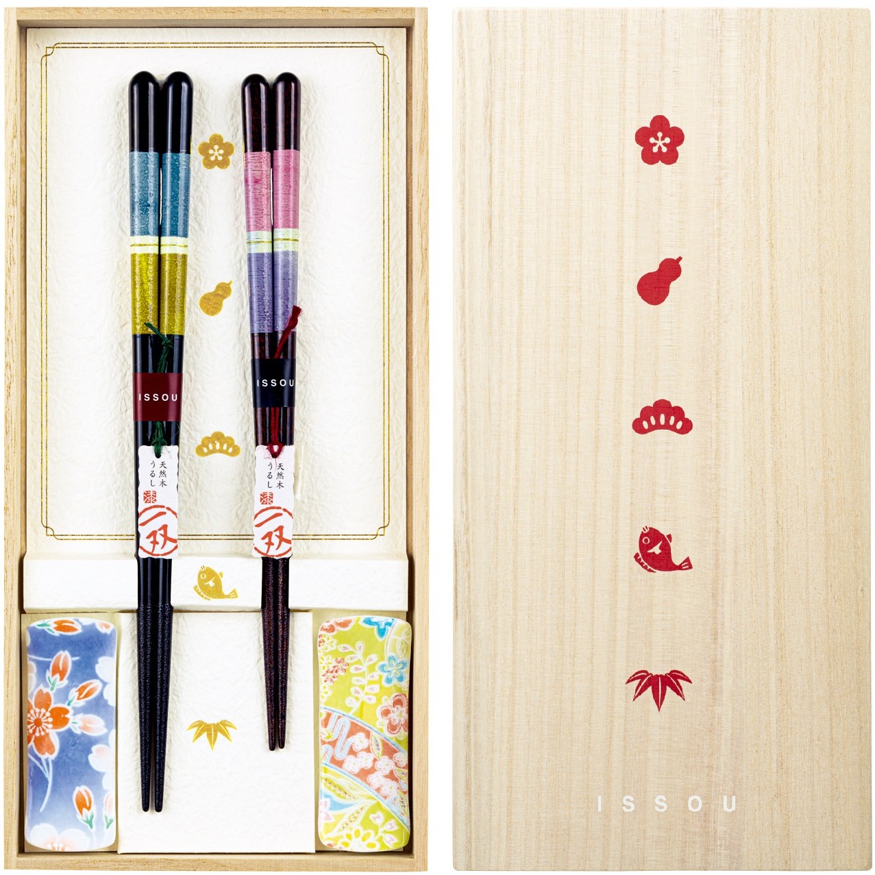 hyakufuku paulownia box – chopstick set for couples with rests (sakura iro & arima design)