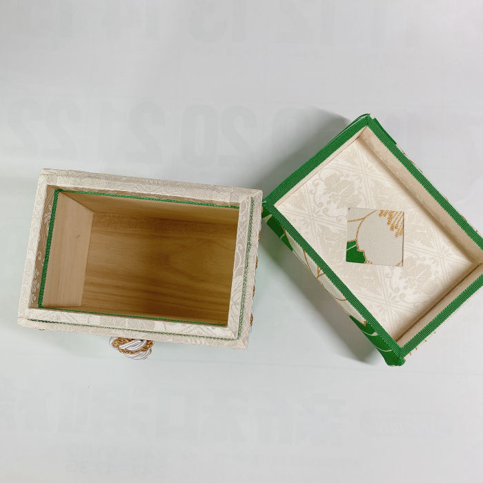 handcrafted paulownia box wrapped in furisode kimono with peony motif