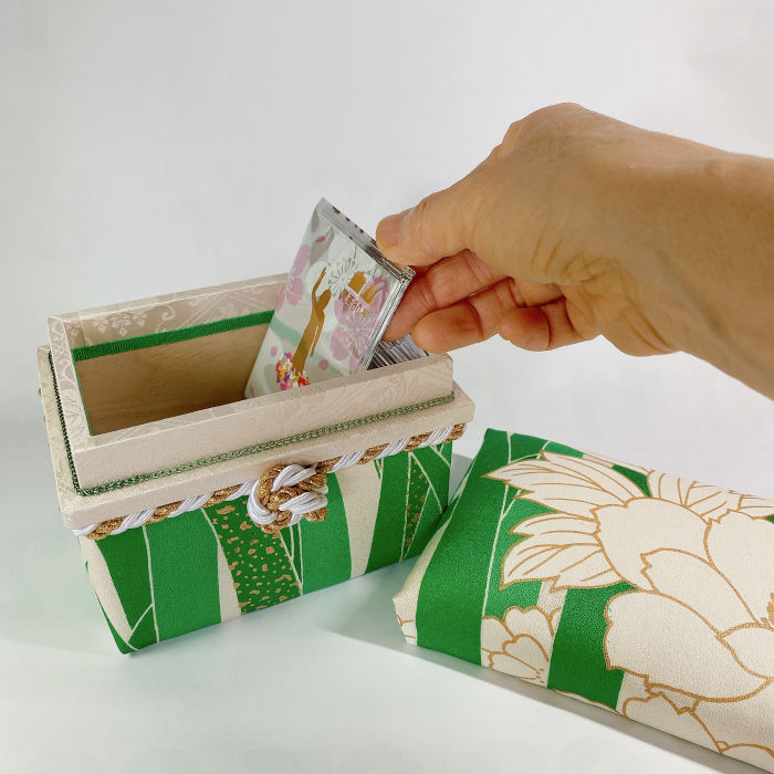handcrafted paulownia box wrapped in furisode kimono with peony motif