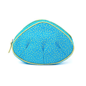 Large Clam-Shaped Cosmetic Pouch – Turquoise Base with Gold Arare Pattern, Leather Color: Light Green