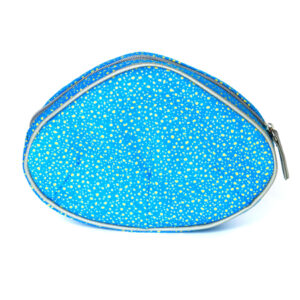 Large Clam-Shaped Cosmetic Pouch – Turquoise Base with Gold Arare Pattern, Leather Color: Gray