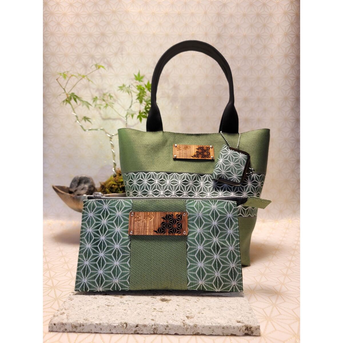 Asanoha Pattern "Mugwort" 3-Piece Set (Tote Bag, Wallet) ※Includes a Mini Clasp Coin Purse